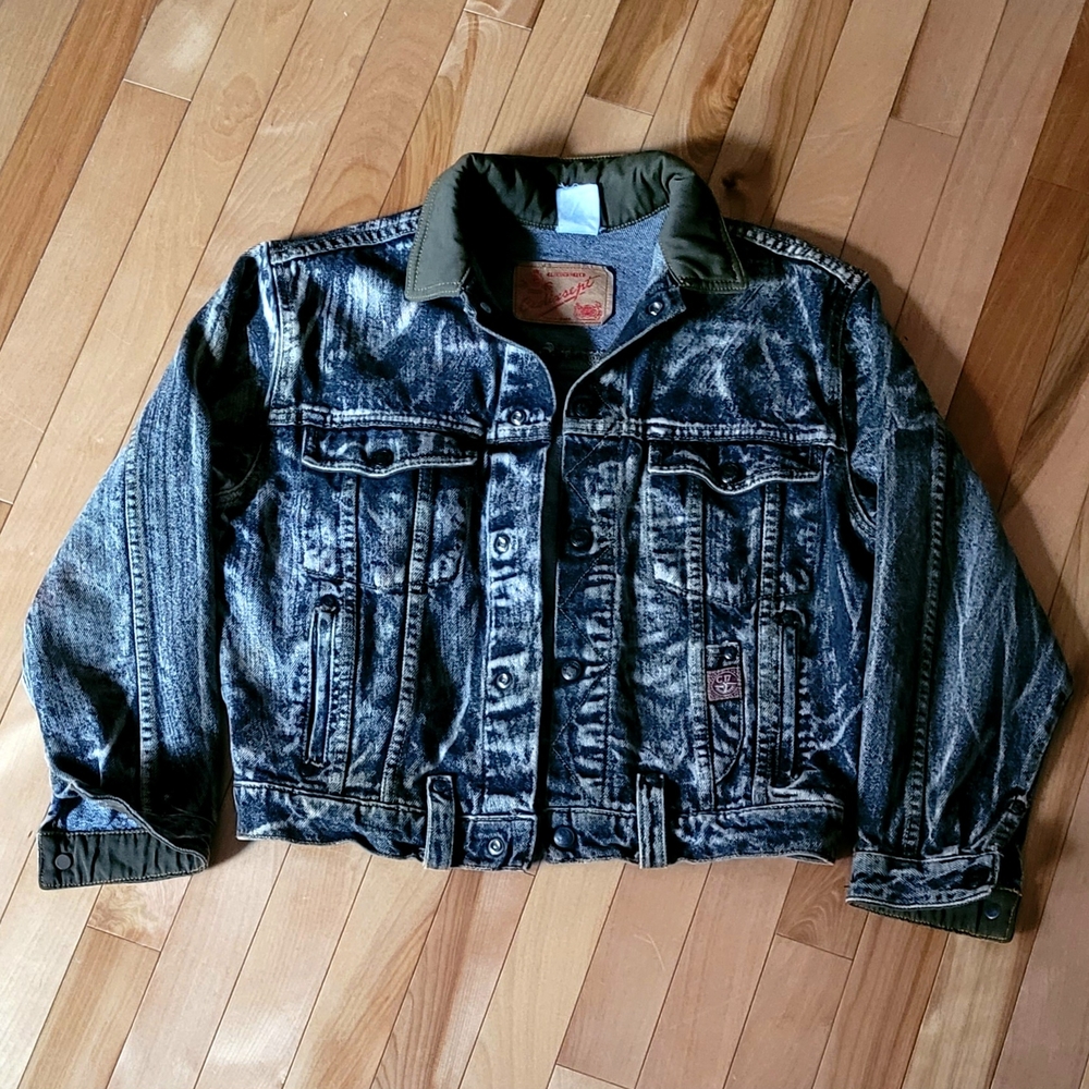Vintage acid wash black grey crop denim jacket medium